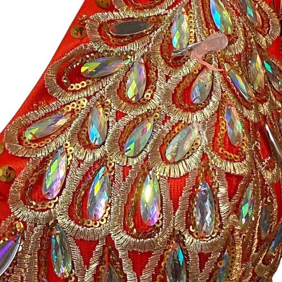 Vintage Elegant Red and Gold Lace Embroidered Peacock Lace Maxi Dress - Picture 4 of 15